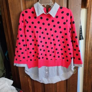 Crown & Ivy Pink Polka Dot Sweater with Striped Collar